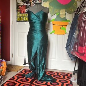 Emerald spaghetti strap thigh slit David’s bridal gown